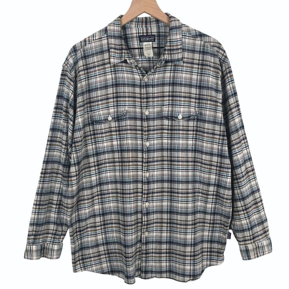 PATAGONIA Organic Cotton Textured Plaid Button Up Shirt Men's L Brown Teal L/S